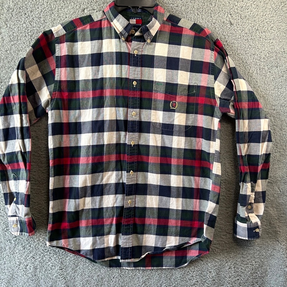 Tommy Hilfiger Shirt Men Medium Classic Flag Logo Long Sleeve Button Up XL Adult